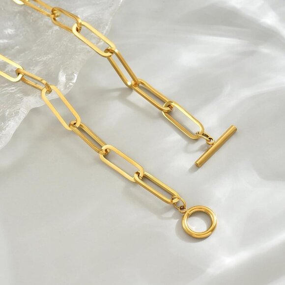 Chunky Toggle Necklace for Women 18K Gold Plated Vintage Paperclip Figaro Link C - Picture 5 of 7